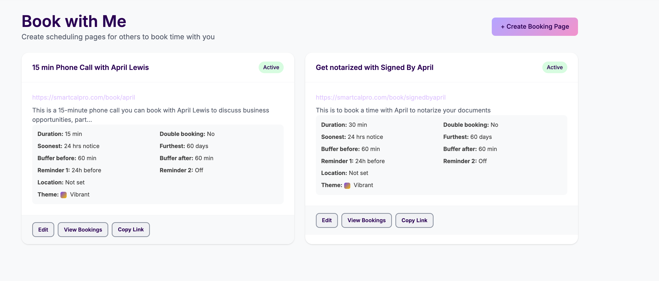 SmartCal Pro booking page management with active scheduling links