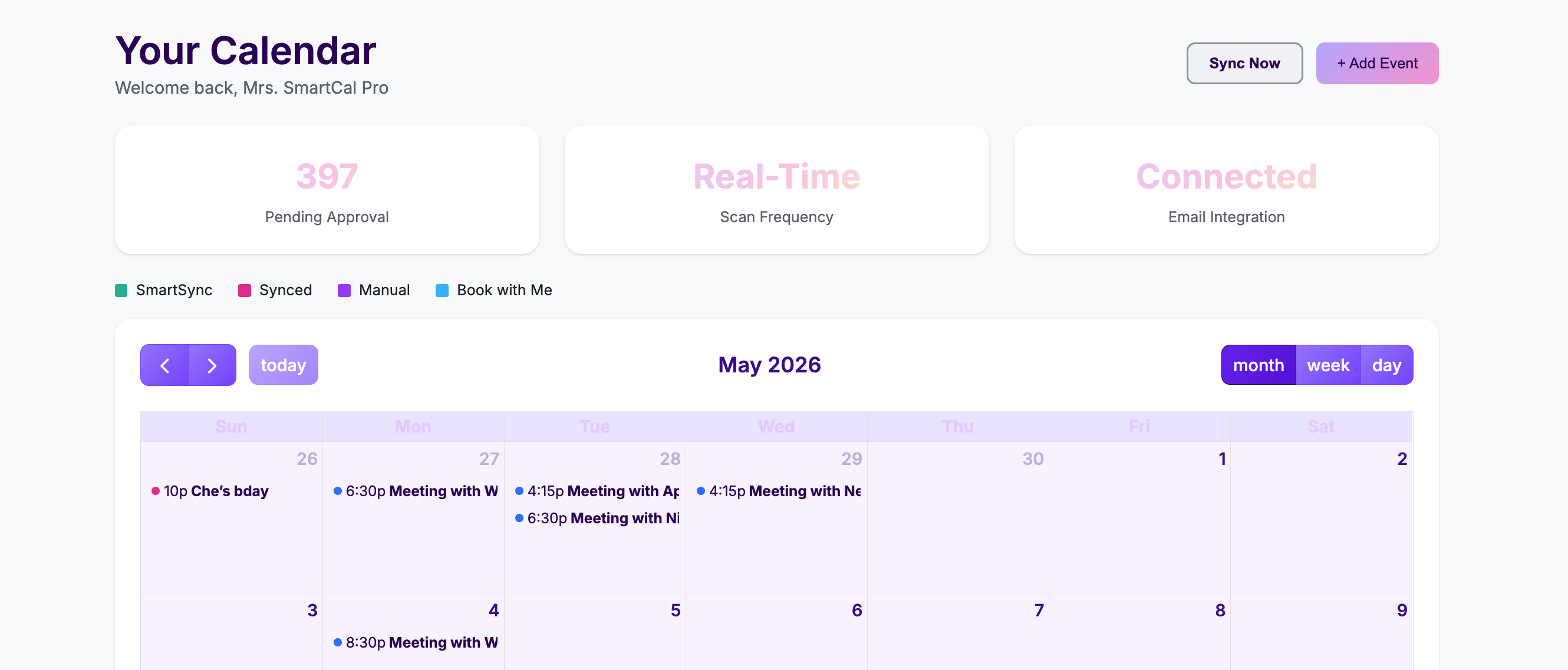 SmartCal Pro calendar dashboard showing monthly view with color-coded events