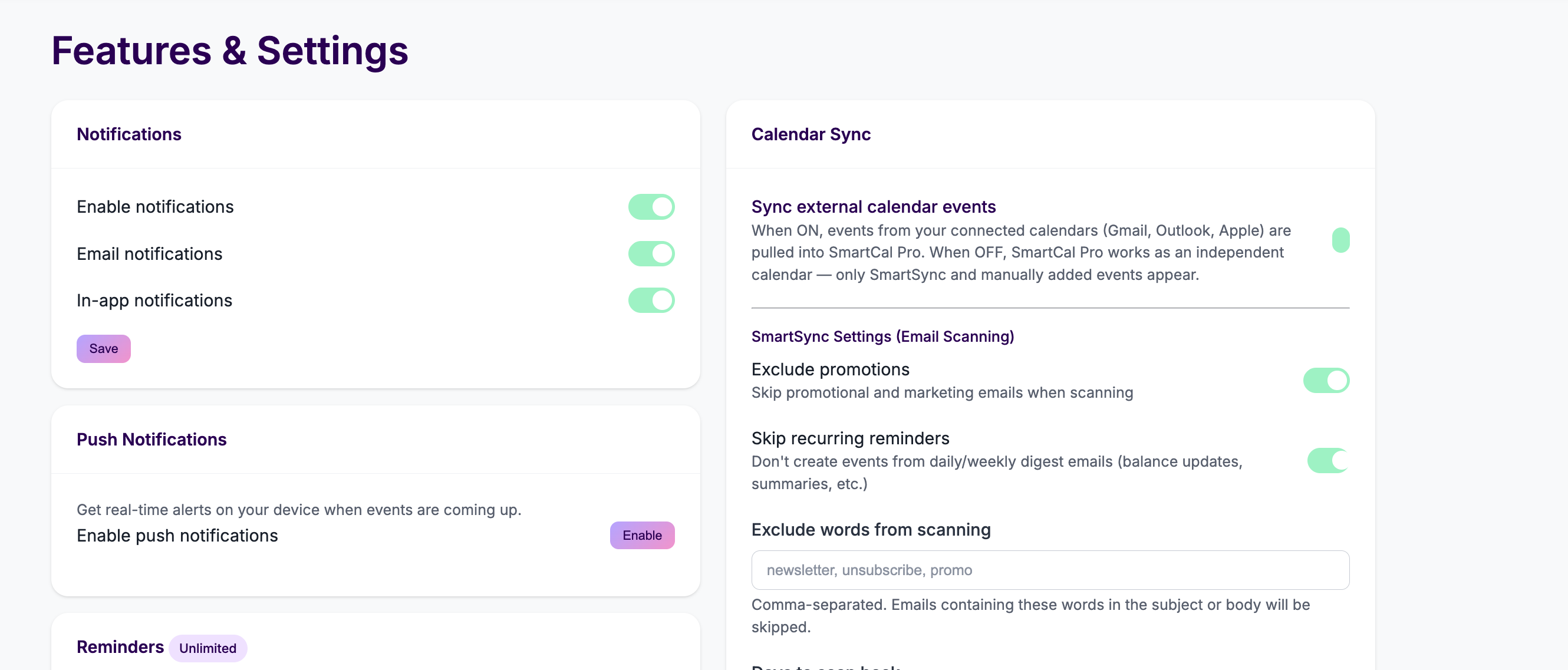 SmartCal Pro features and settings panel with notification and sync controls
